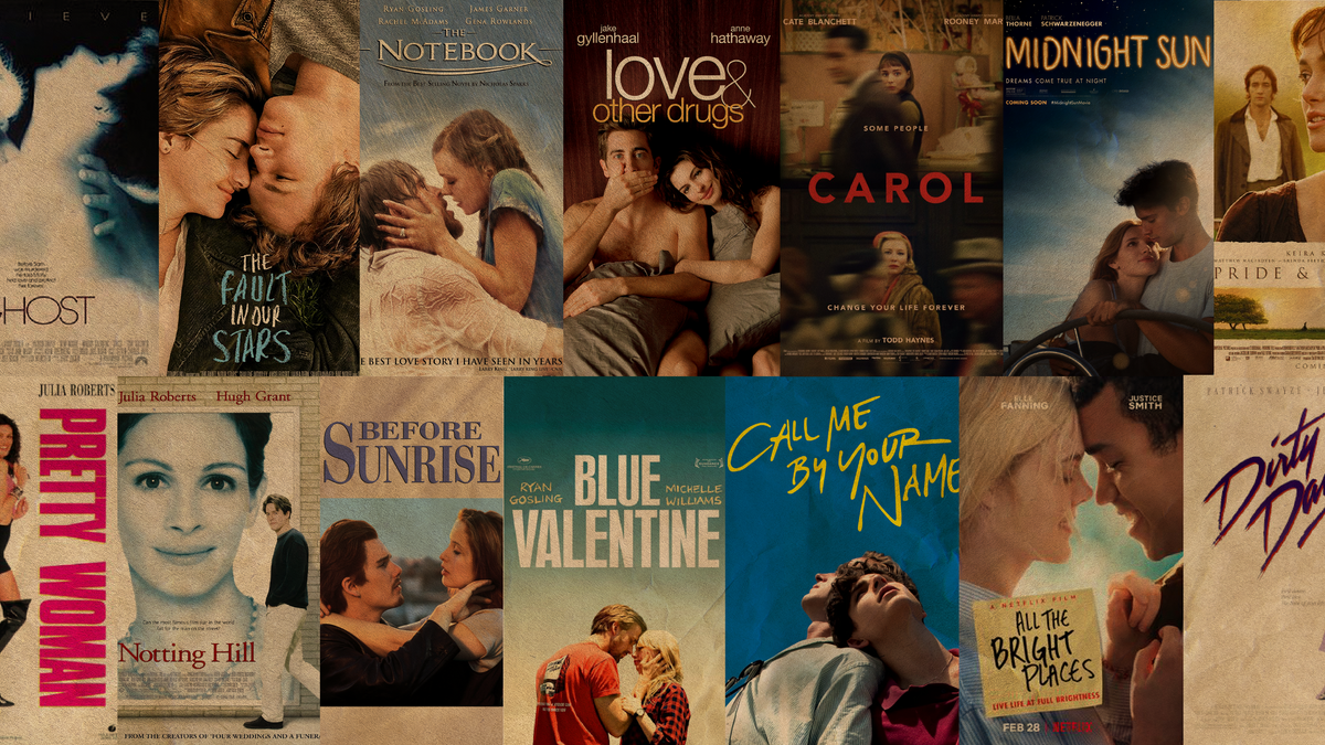 Compilation of movie posters showcasing the best romantic movies for date night.