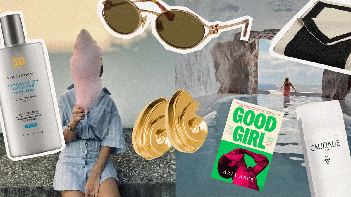2025 beach bag essentials including sunscreen, sunglasses, jewelry, and a book by the pool.