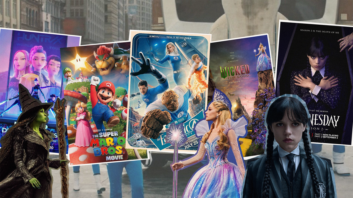 Collage of pop culture Halloween masks 2025 featuring characters from movies and shows like Mario, Wicked, and Wednesday.