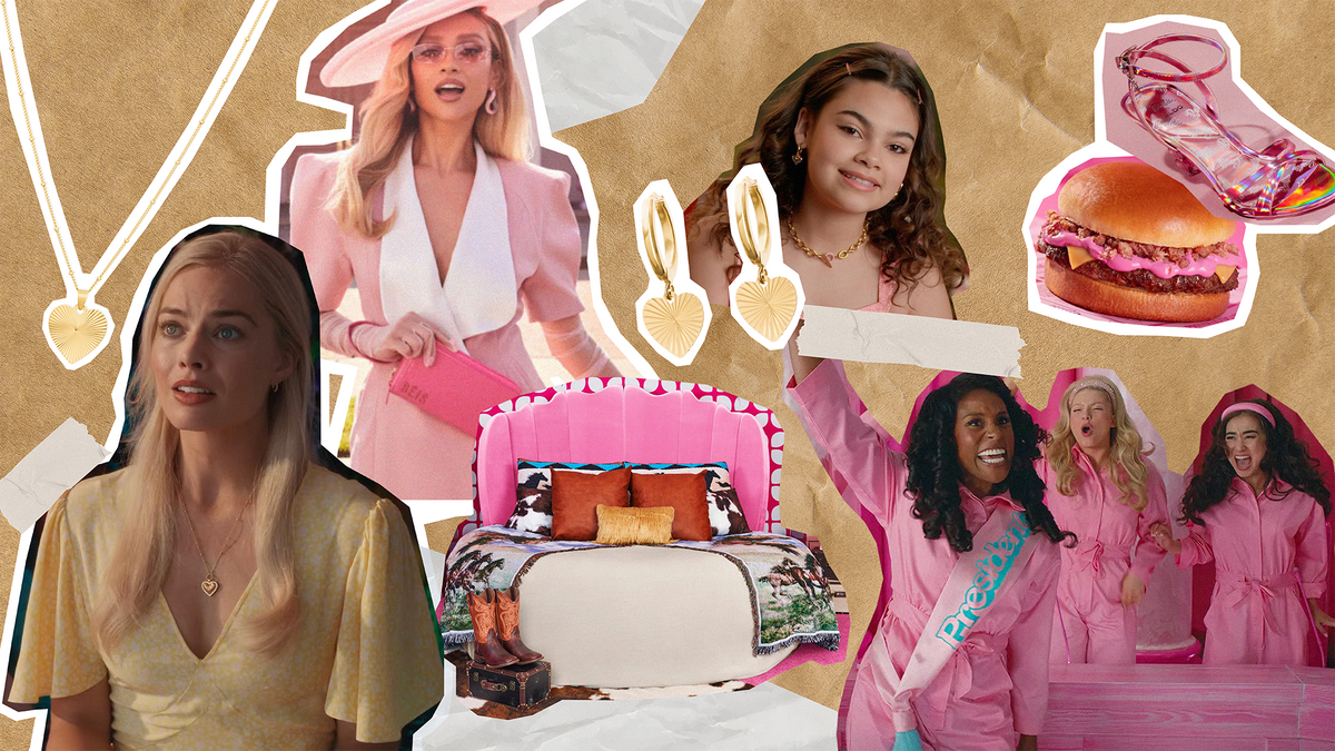 Collage celebrating barbiemania movie impact with vibrant fashion, accessories, and food elements.