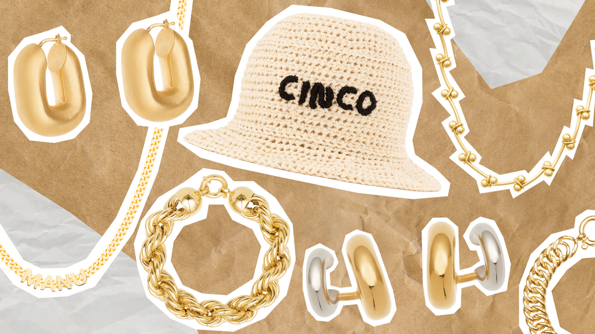 Summer statement jewelry pieces displayed with earrings, a bracelet, a necklace, and a CINCO bucket hat.