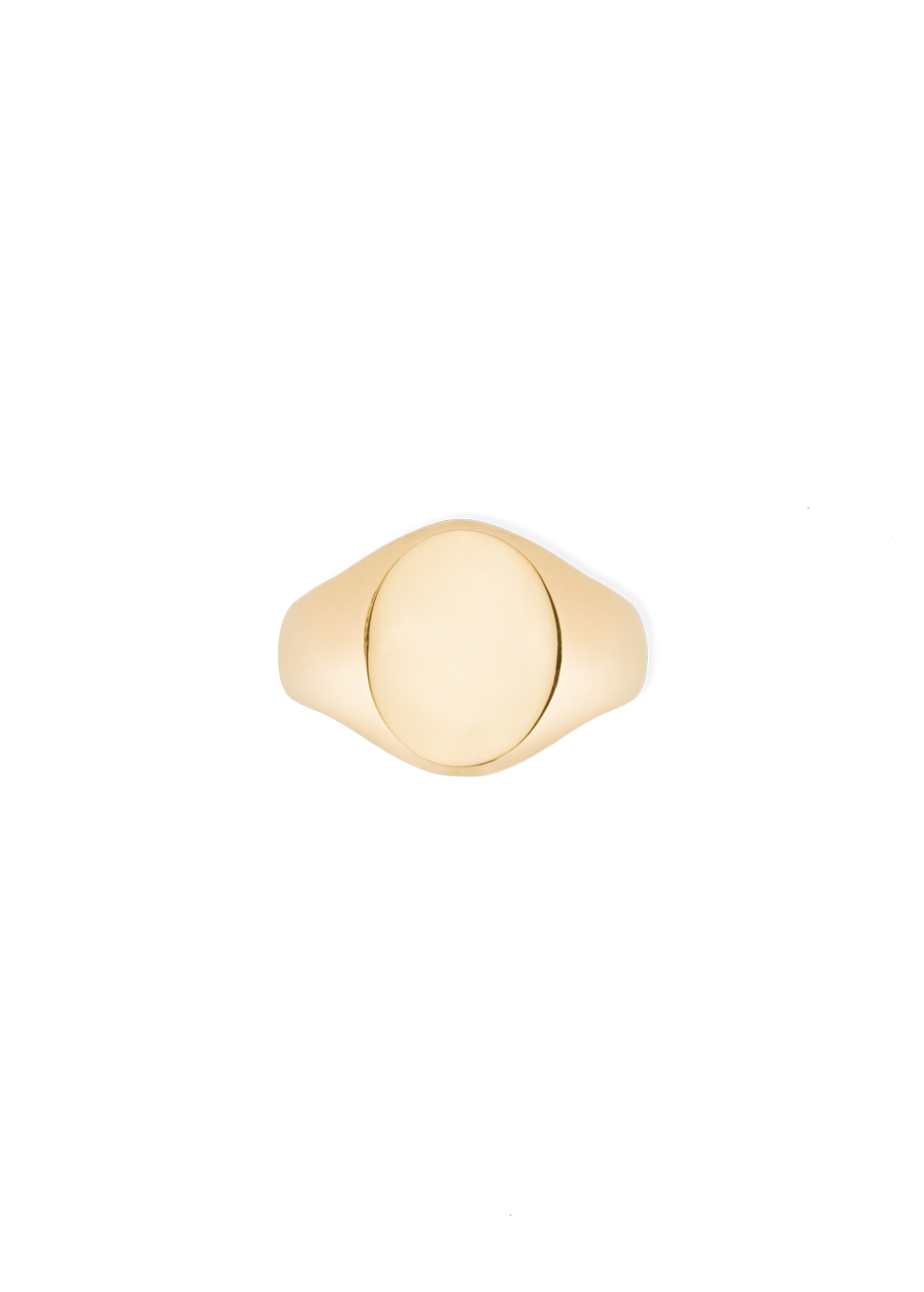 A gold signet ring with a smooth, polished oval face and a tapered band, centered on a plain white background.