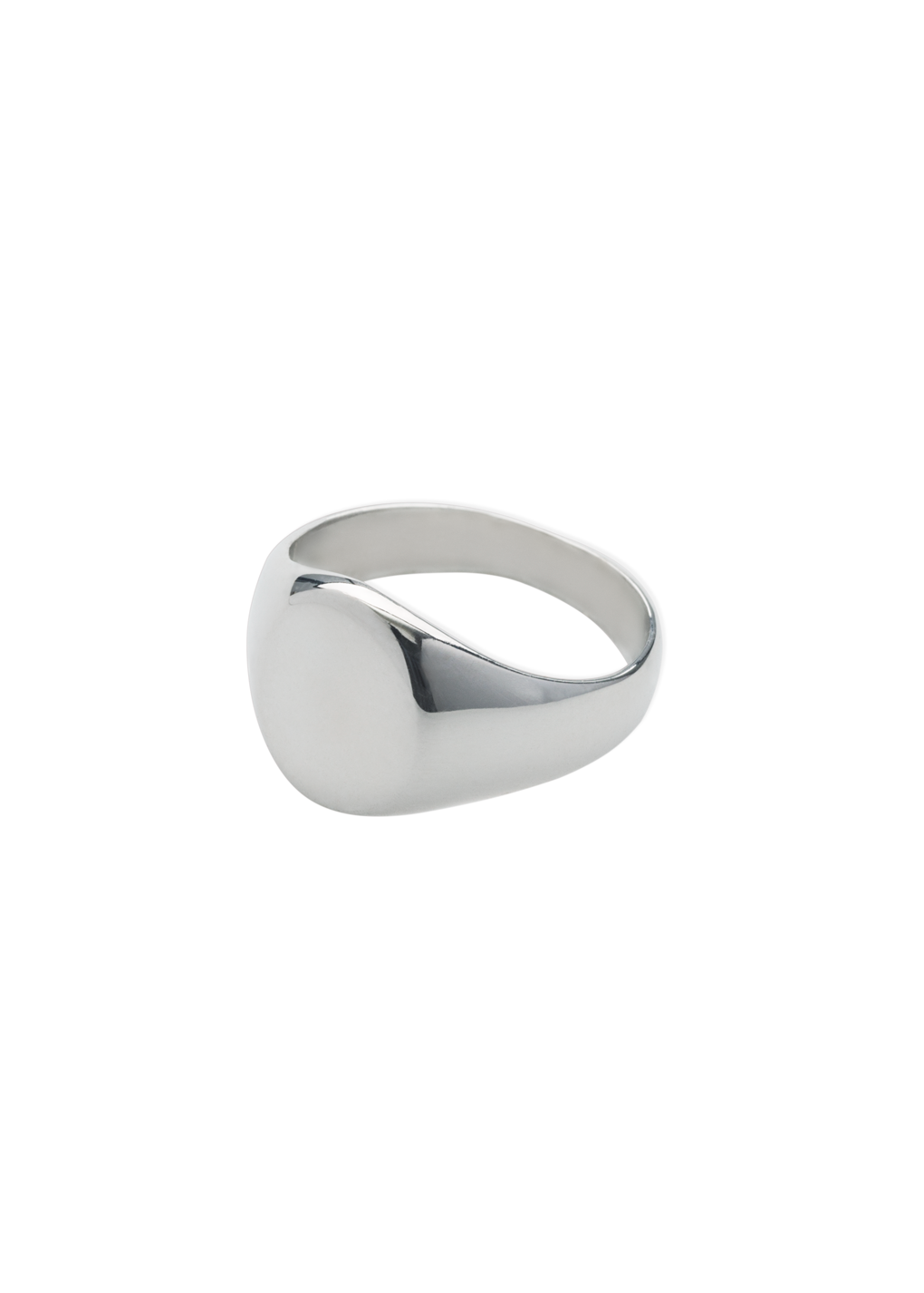 A polished silver signet ring with a smooth, rounded oval face, shown on a clean white background.
