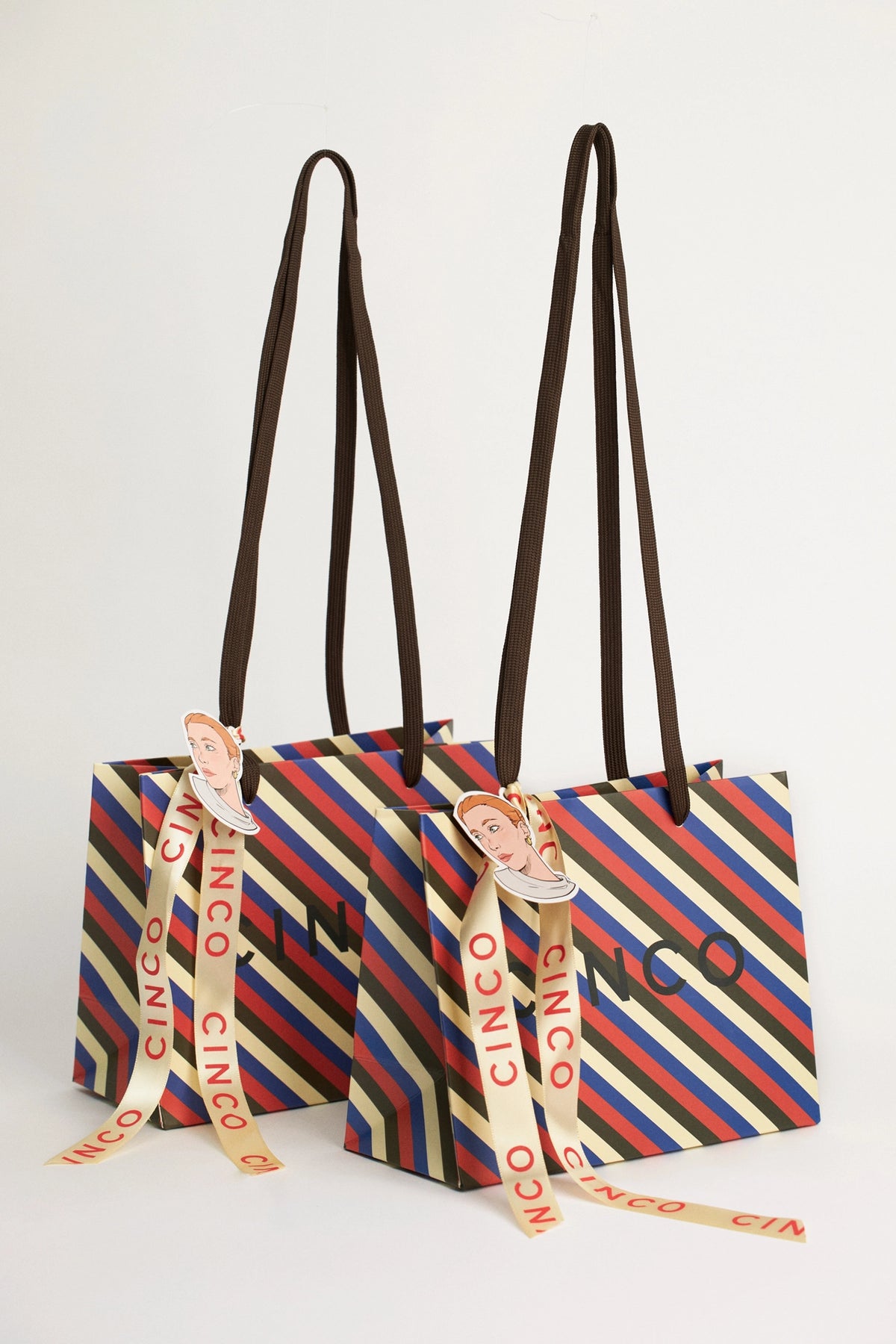 Two CINCO eco-friendly gift paper bags with brown handles and striped design, perfect for wrapping gifts.