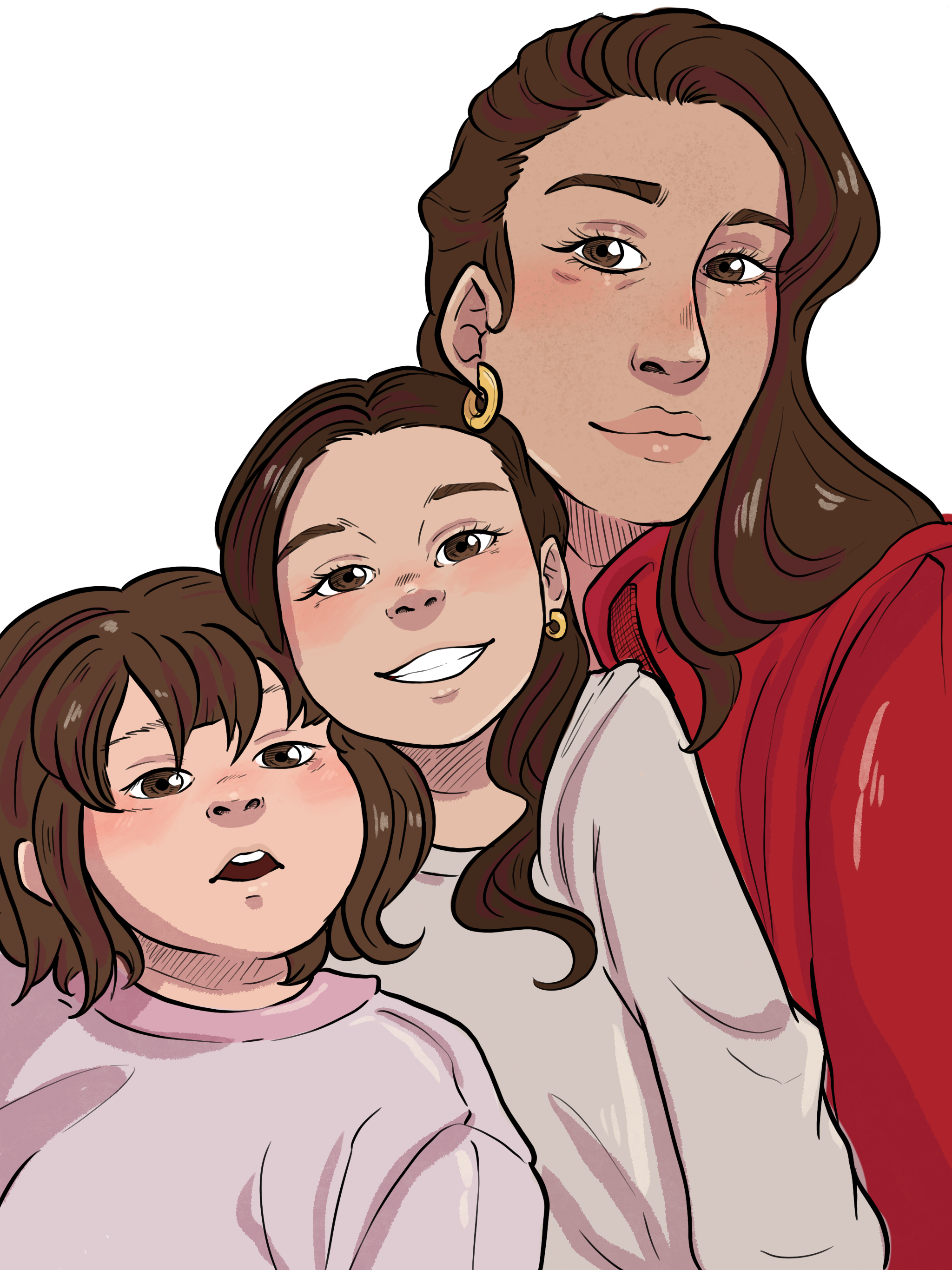 illustration wearing sara earrings and sara mini earrings in gold