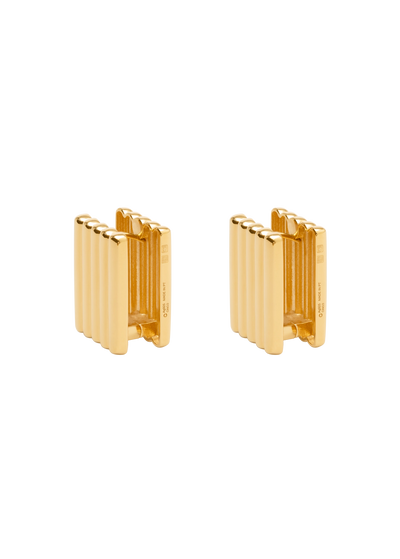 A pair of gold-toned rectangular earrings with a ribbed, accordion-like vertical design, shown on a plain white background.