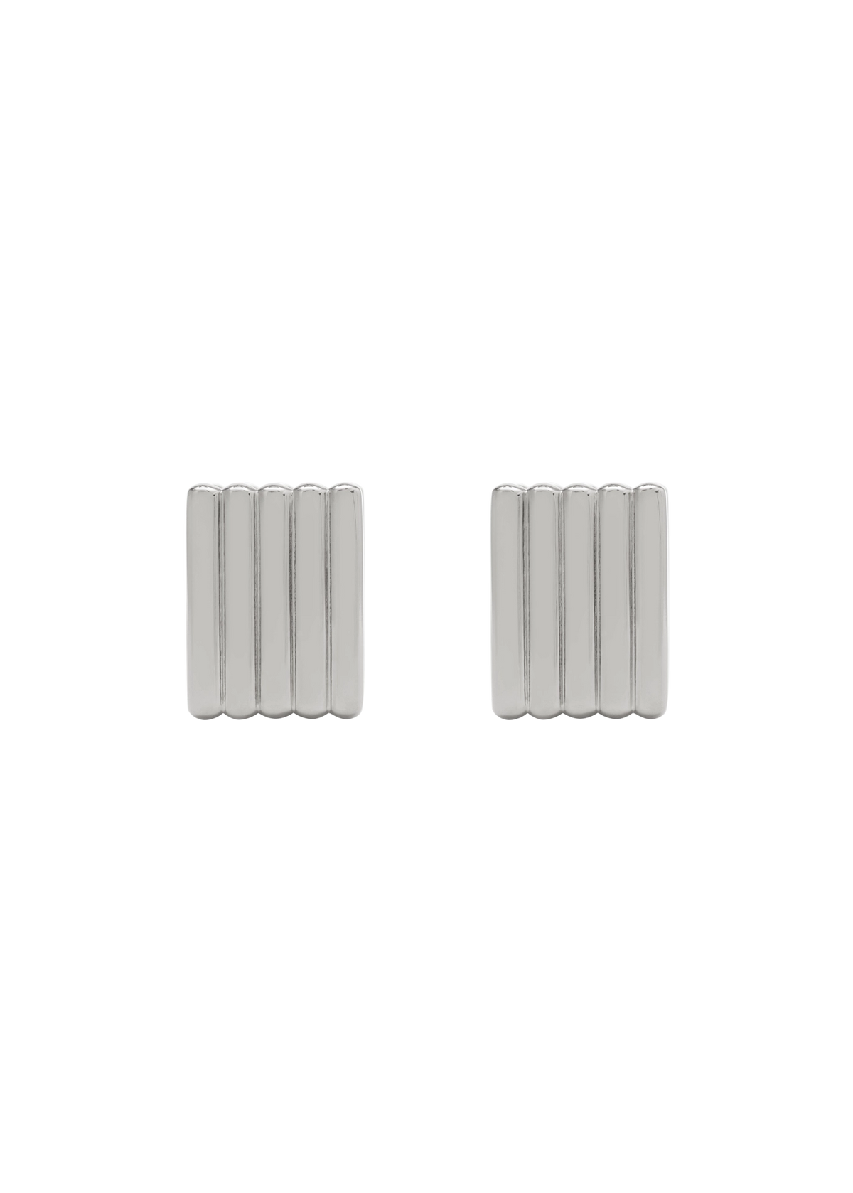 A pair of silver-toned rectangular stud earrings with five vertical parallel bars, shown on a plain white background.