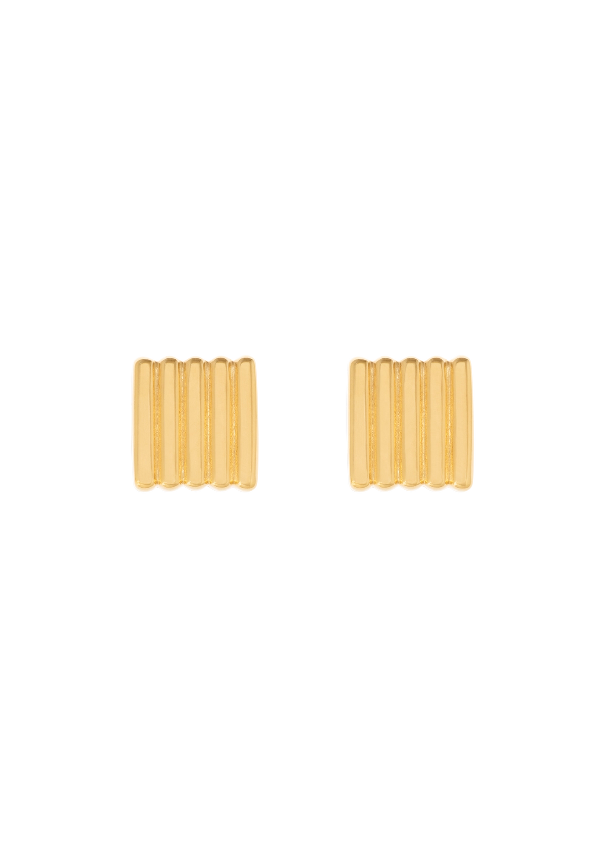 A pair of gold rectangular stud earrings with vertical ridges, shown on a plain white background.