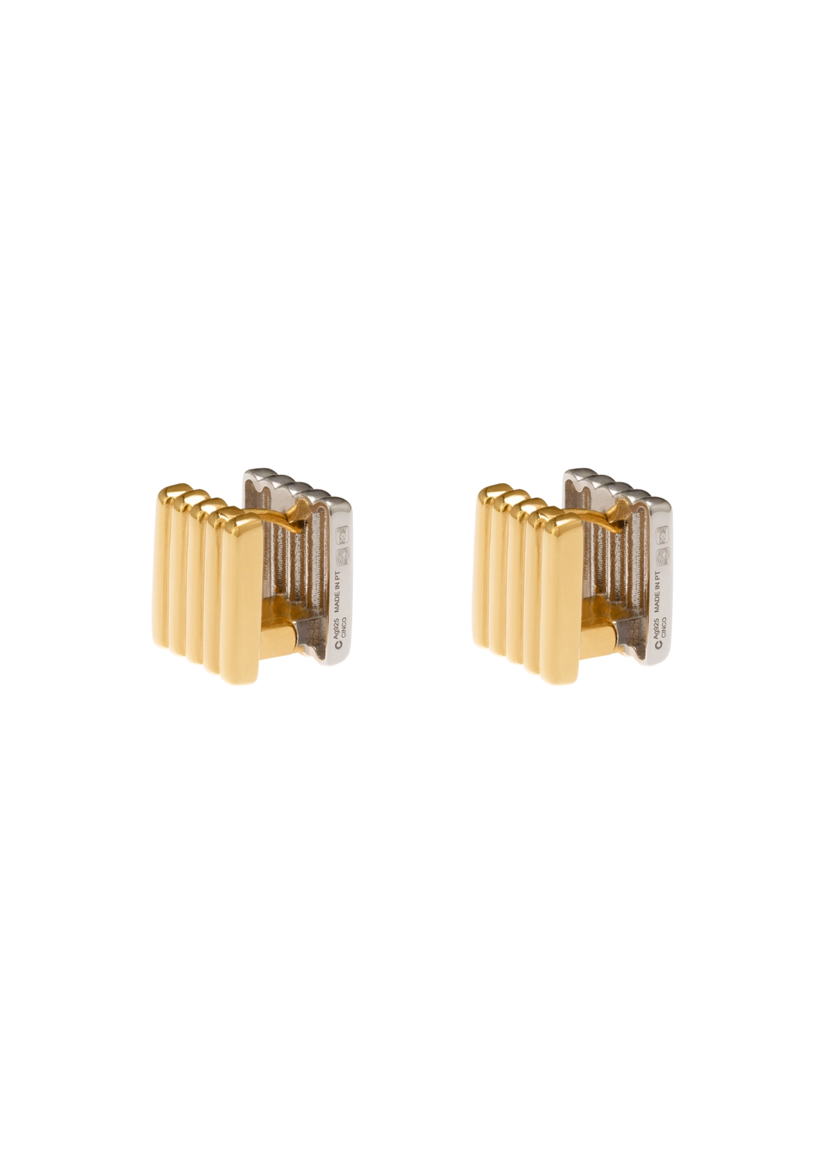 A pair of gold and silver cufflinks with a ribbed rectangular design, shown on a plain white background.