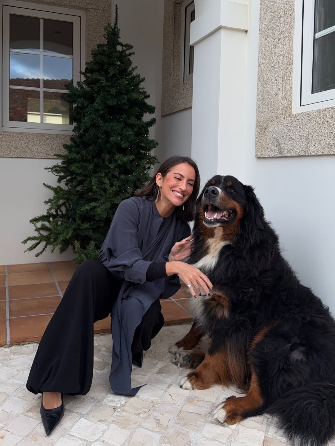 Woman smiling and petting a Bernese Mountain Dog beside a Christmas tree on a patio.