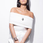 model wearing cheri long necklace in silver