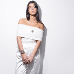 model wearing cheri long necklace in silver