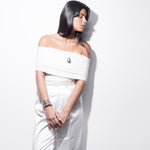model wearing cheri long necklace in silver