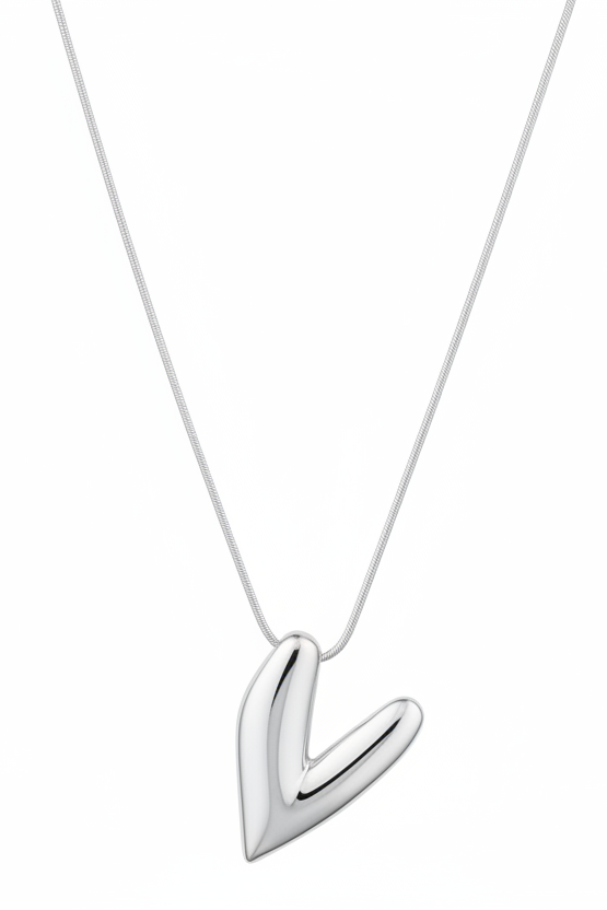 A silver pendant necklace featuring a stylized, polished letter 'L' hanging from a delicate silver chain against a plain white background.