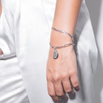 model wearing nico bracelet and maria deconstructed bracelet in silver