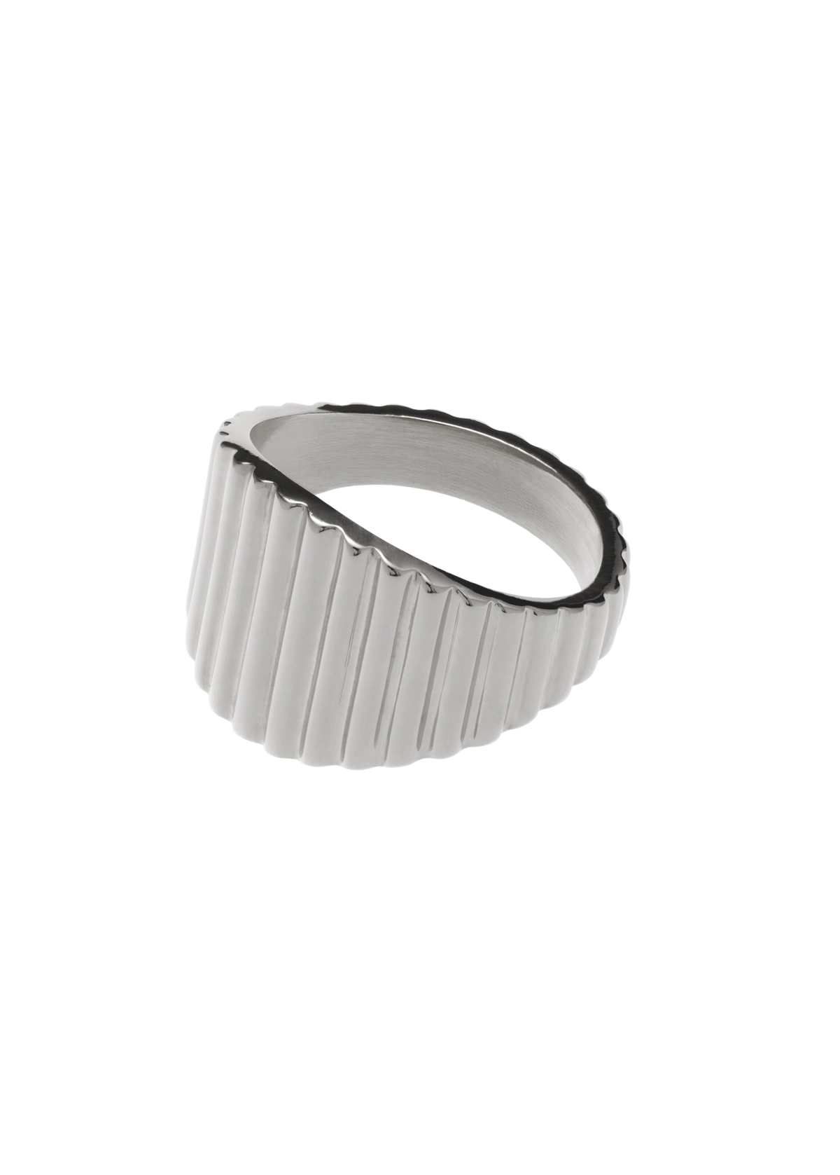 Textured fluted signet ring with a wide domed face and fine vertical grooves, catching light beautifully.
