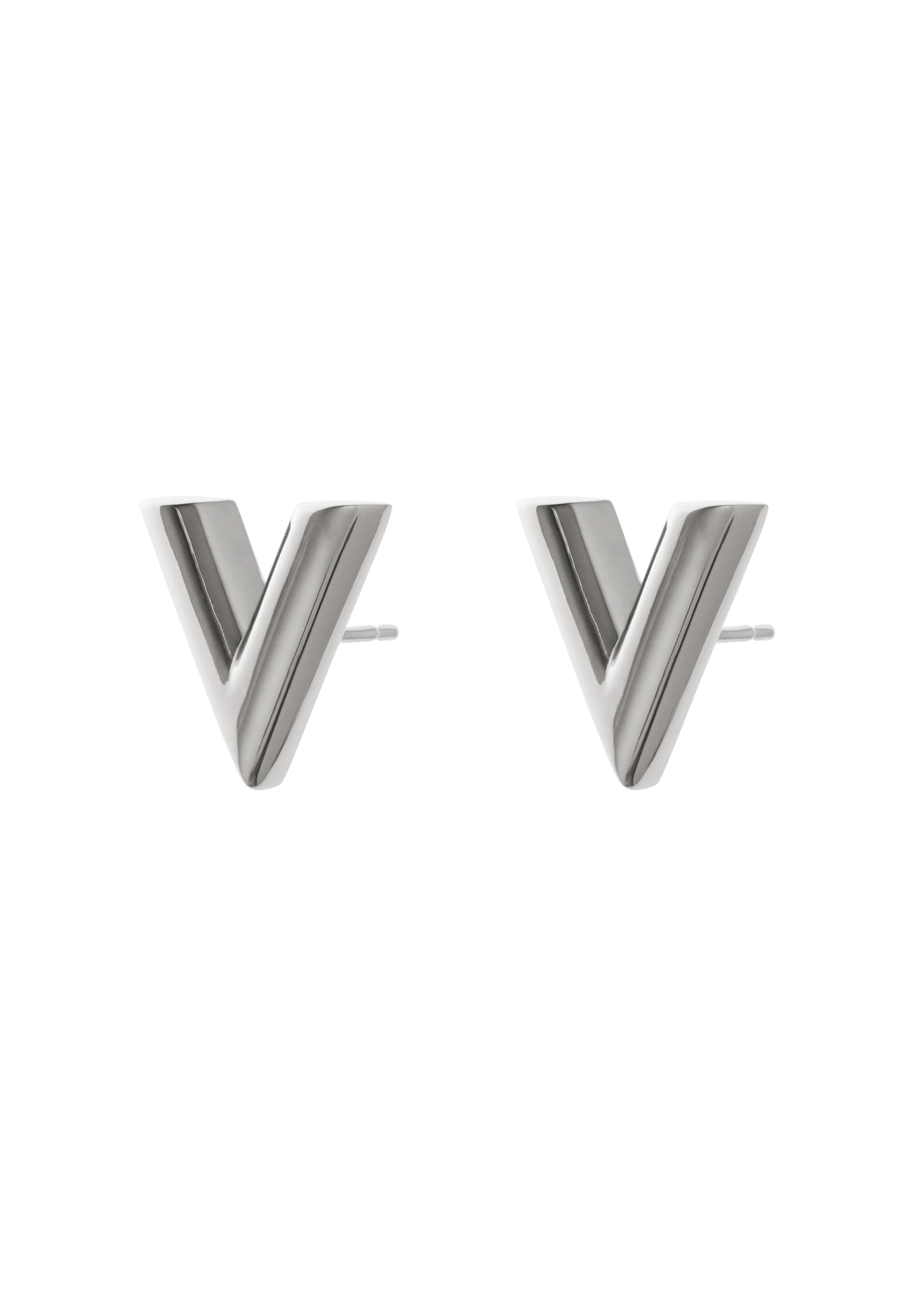 A pair of silver letter V stud earrings with a polished, reflective finish, shown against a plain white background.